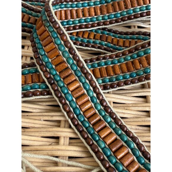 Vintage 70\'s Boho Woven Wood Bead Tie Womens Belt